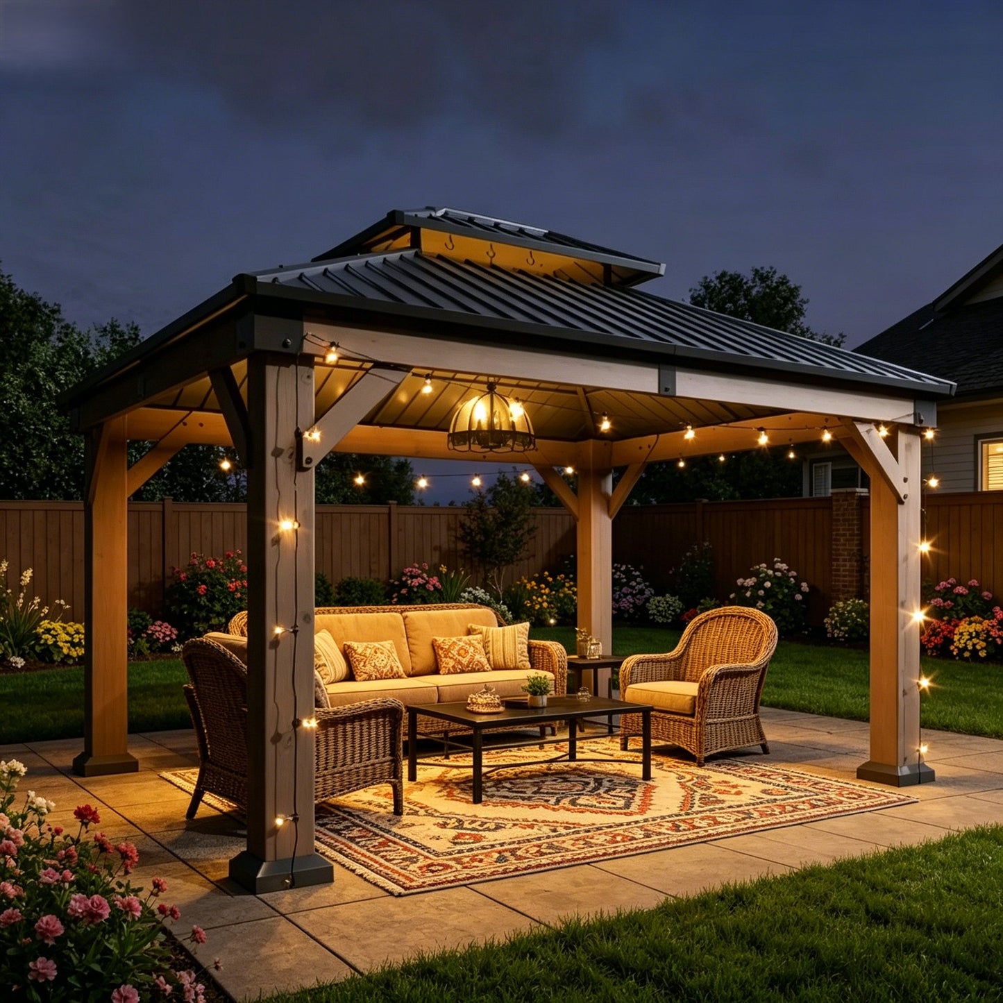 Sunmthink 10' x 12' Outdoor Cedar Wood Gazebo, Hardtop Gazebo Wooden Pavilion with Galvanized Steel Double Roof, for Patio, Garden, Deck