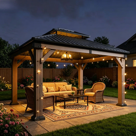 Sunmthink 10' x 12' Outdoor Cedar Wood Gazebo, Hardtop Gazebo Wooden Pavilion with Galvanized Steel Double Roof, for Patio, Garden, Deck