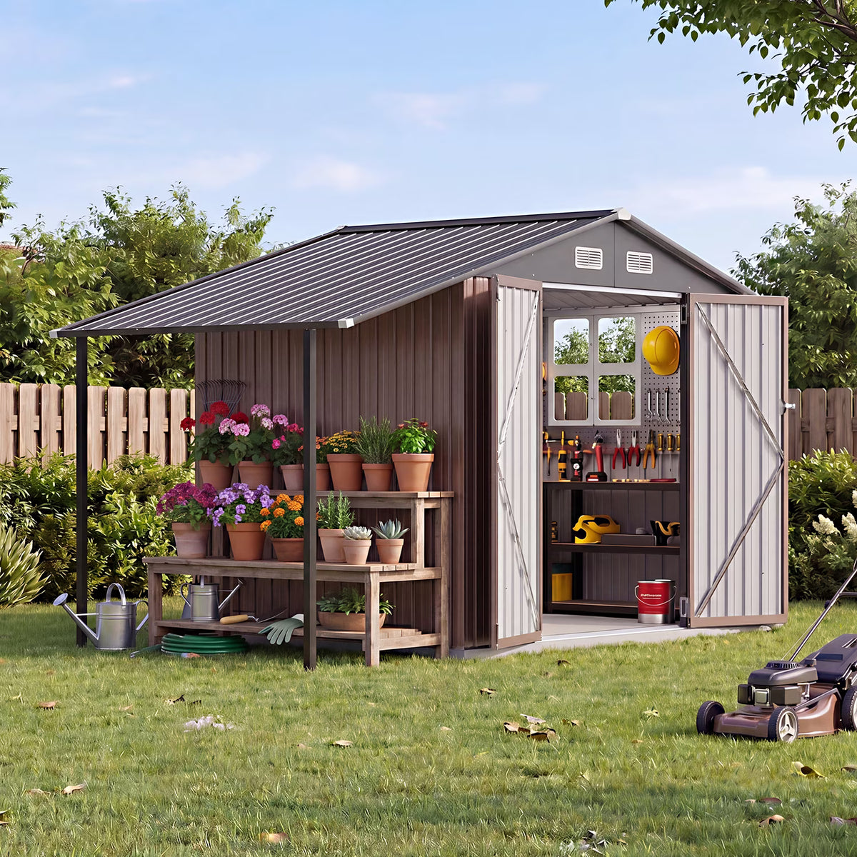 Dateyes 10 x 6 FT Metal Storage Shed with Hardtop Gazebo, Outdoor Tool Shed Firewood Storage for Garden, Backyard, Brown