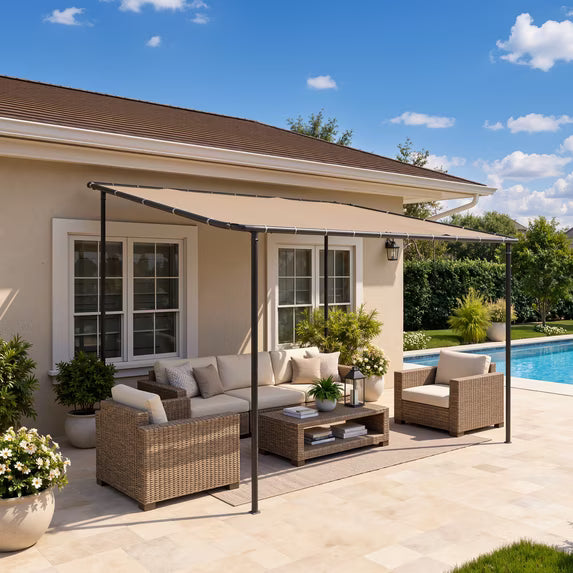 Dateyes 10'x10' Wall-Mounted Metal Gazebo , Water-Resistant Khaki Canopy with UV Protection for Patio & Garden