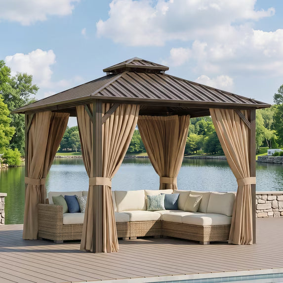 Dateyes 10x10 FT Outdoor Hardtop Gazebo, Aluminum Frame Gazebo with Removable Mesh Walls and Curtains for Patio, Lawns, Brown