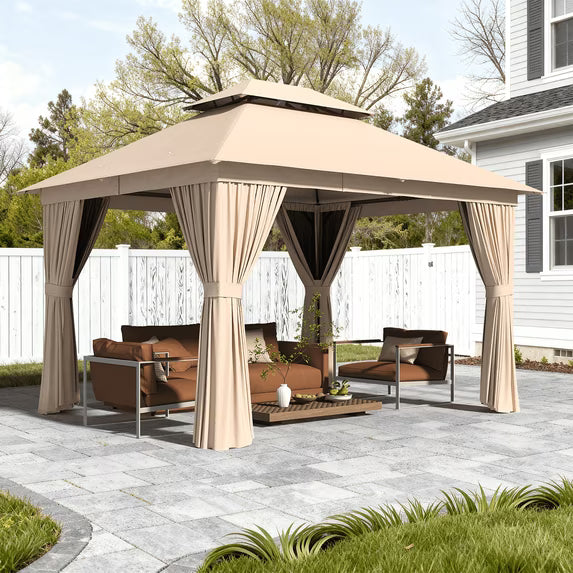 Dateyes 10x12 FT Outdoor Gazebo, Double Roof Patio Shelter with Netting Screens and Privacy Curtains, Heavy-Duty Weatherproof Canopy for Backyard, Deck, and Lawn, Beige