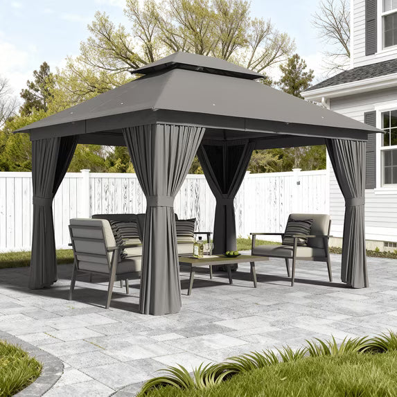 Dateyes 10x12 FT Outdoor Gazebo, Double Roof Patio Shelter with Netting Screens and Privacy Curtains, Heavy-Duty Weatherproof Canopy for Backyard, Deck, and Lawn, Gray