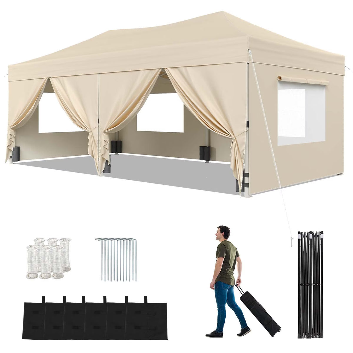 Dateyes 10x20 FT Pop Up Canopy with Mesh Window Sidewalls, Portable Ez Setup Heavy Duty Canopy Tent with Sandbags, Instant Shelter for Outdoor Event, Party, Commercial, Beige