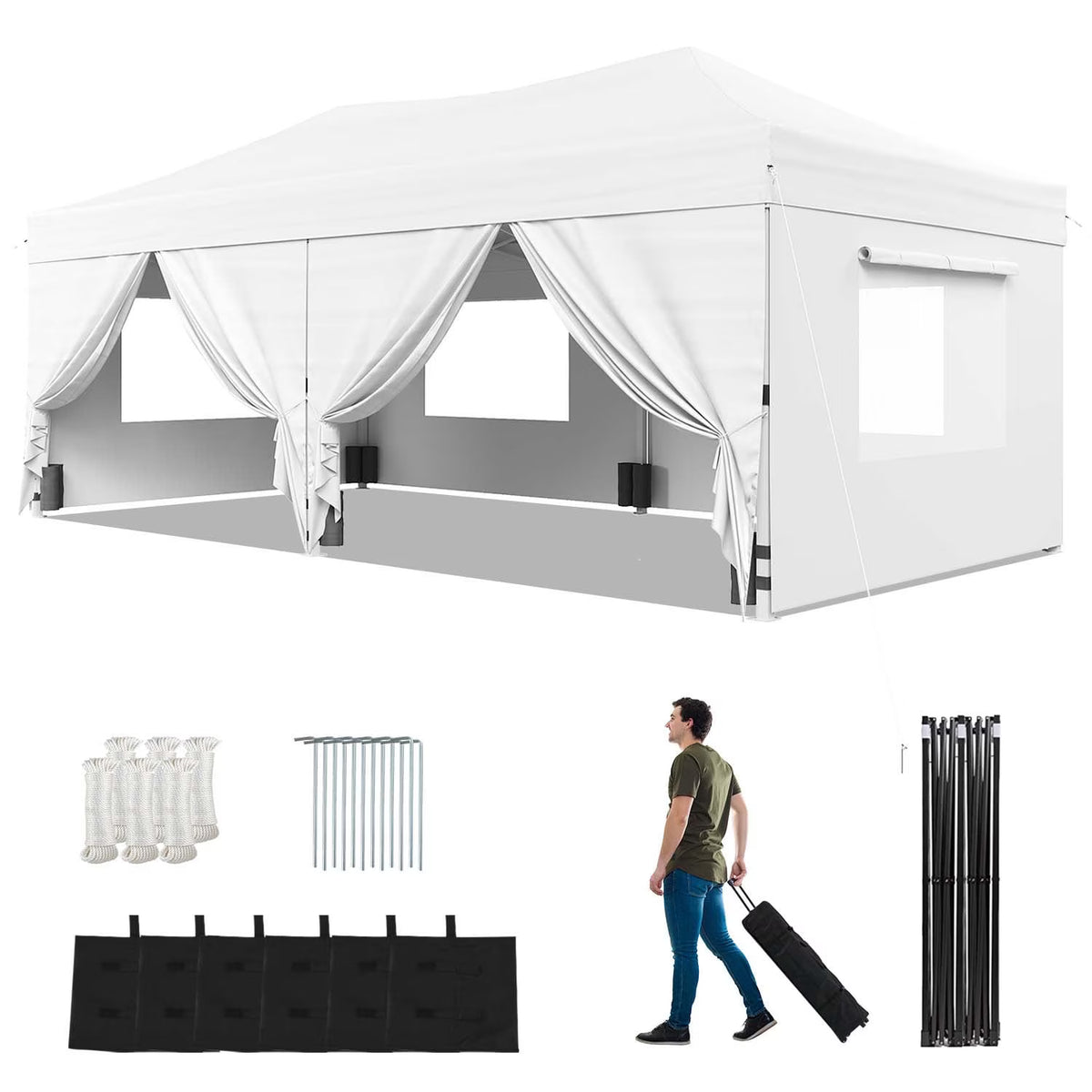 Dateyes 10x20 FT Pop Up Canopy with Mesh Window Sidewalls, Portable Ez Setup Heavy Duty Canopy Tent with Sandbags, Instant Shelter for Outdoor Event, Party, Commercial, White