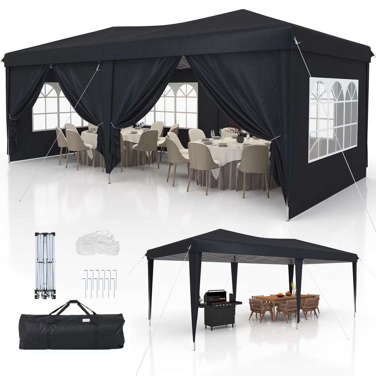 Dateyes 10x20 Pop Up Canopy Tent, Waterproof Party Tent with 6 Removable Sidewalls, 3-Level Height Adjustable Event Tent, Instant Shelter for Wedding, Party, Commercial & Market Events, Black