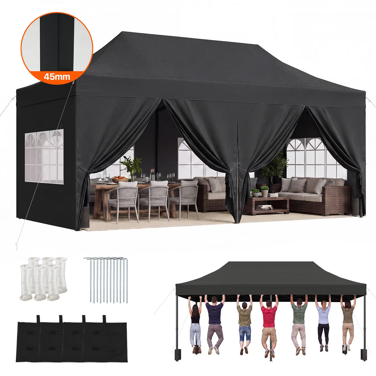 Dateyes 10x20 FT Pop Up Canopy Tent with 45mm Heavy Duty Steel Frame, Waterproof Outdoor Canopy, 3-Level Adjustable Height, Instant Party Tent with Roller Bag, Black