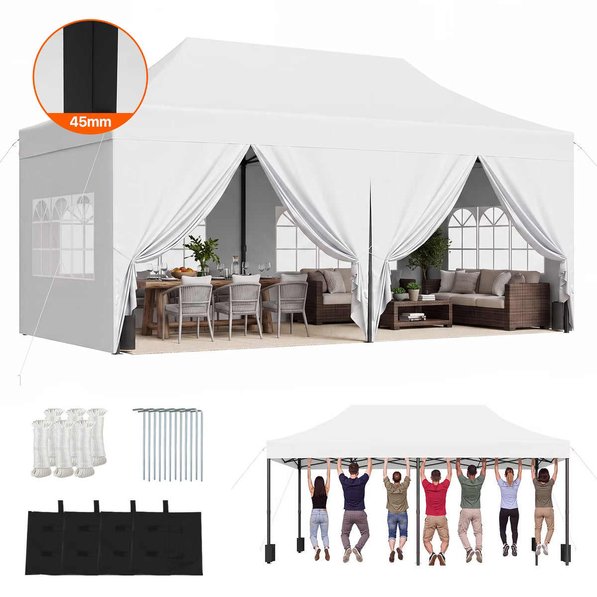 Dateyes 10x20 FT Pop Up Canopy Tent with 45mm Heavy Duty Steel Frame & 6 Sidewalls, Waterproof Outdoor Canopy, 3-Level Adjustable Height, Instant Party Tent with Roller Bag, White