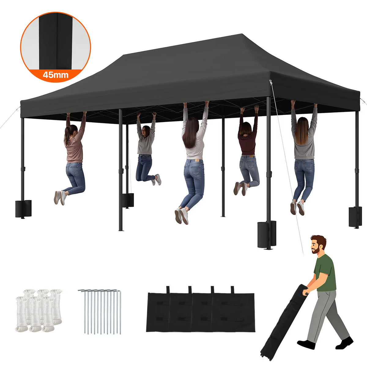 Dateyes 10x20FT Heavy Duty Pop Up Canopy Tent, Waterproof All Season Instant Tent for Outdoor Weddings & Party, Portable Event Tent with Roller Bag, Black