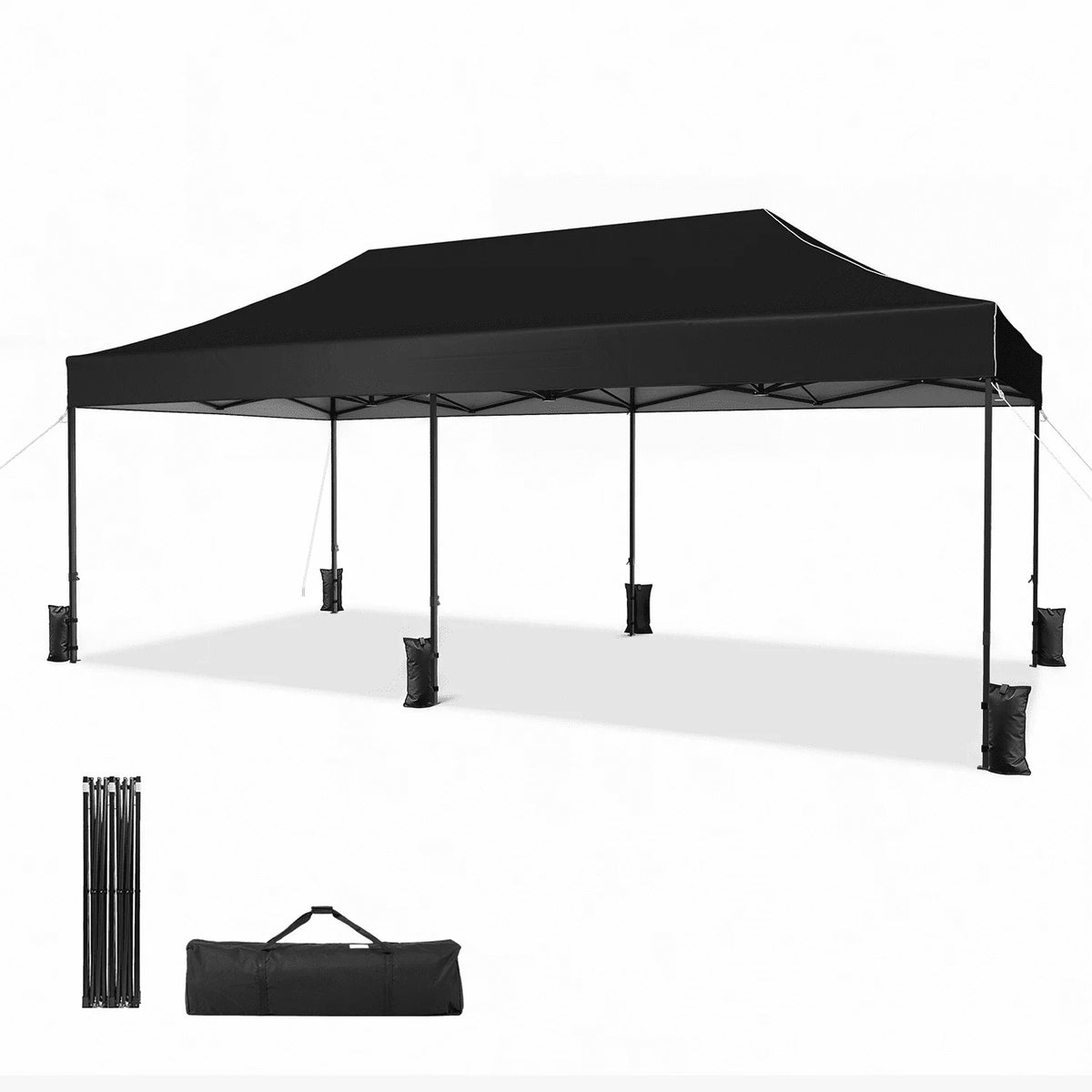 Dateyes 10x20FT Pop Up Canopy, Outdoor Canopy Tent with Carry Bag, Easy Setup Portable Instant Canopy with 4 Sandbags and 12 Stakes for Outdoor Events, Commercial, Beach, Backyard, Lawn, Black