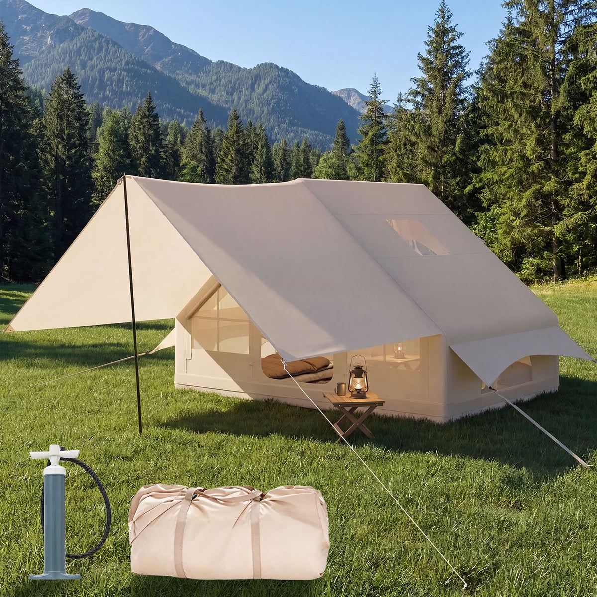 Dateyes 10x7 FT Inflatable Camping Tent for 4-6 Person, All-Season Blow Up Tent with Stove Jack and Extented Canopy, Easy Setup Portable Air Tent for Family Glamping, Beige