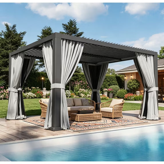 Sunmthink 12' x 14' Louvered Pergola, Outdoor Aluminum Pergola with Curtains & Netting for Decks, Gardens and Backyards, Gray