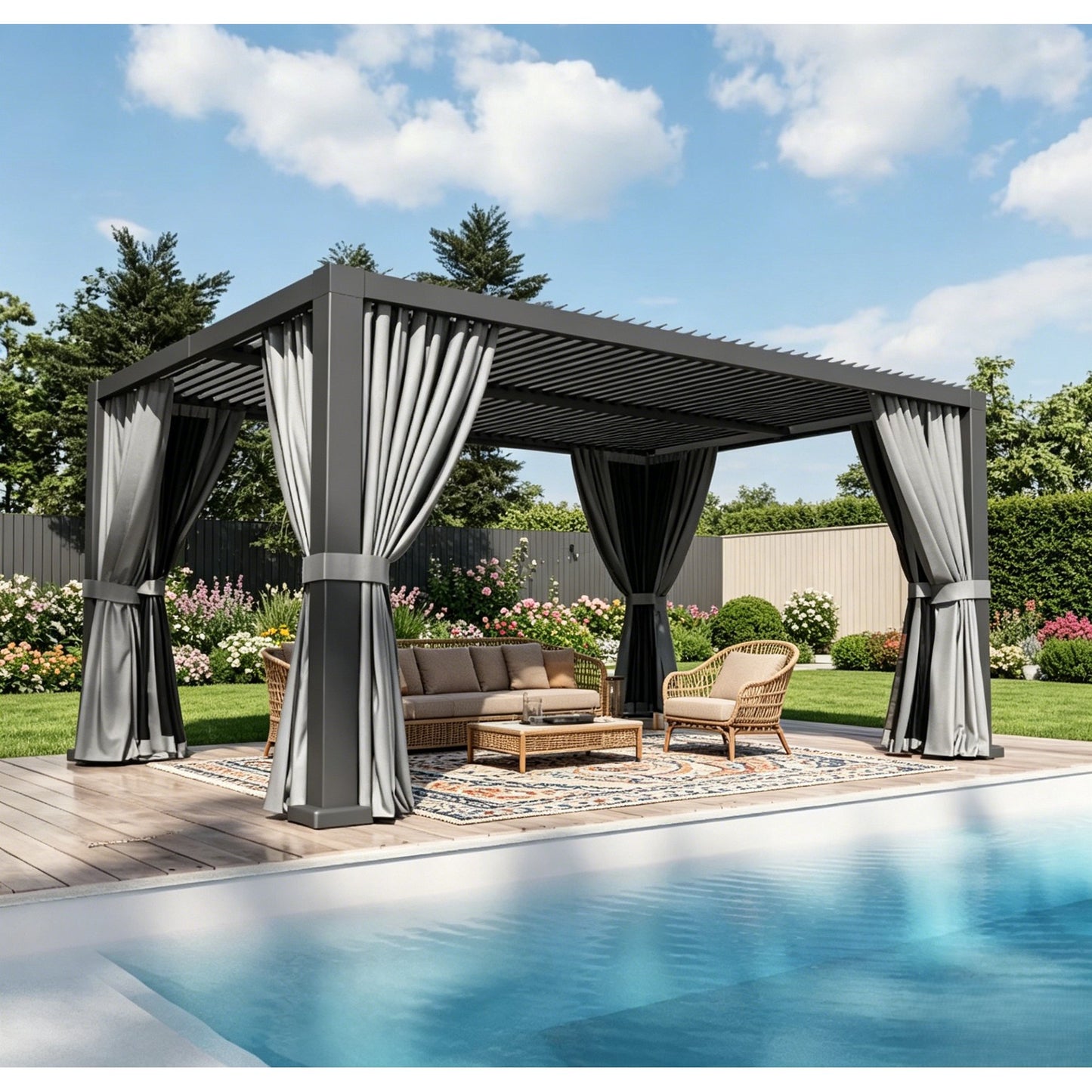 Sunmthink 12' x 16' Louvered Pergola, Outdoor Aluminum Pergola with Curtains & Netting for Decks, Gardens and Backyards, Gray