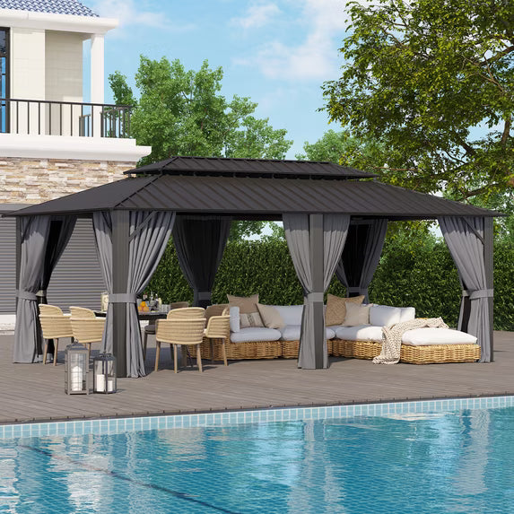 Dateyes 12' x 20' Hardtop Gazebo with Double Roof, Outdoor Gazebo for Patio, Lawn and Garden, Includes Netting and Curtains, Gray