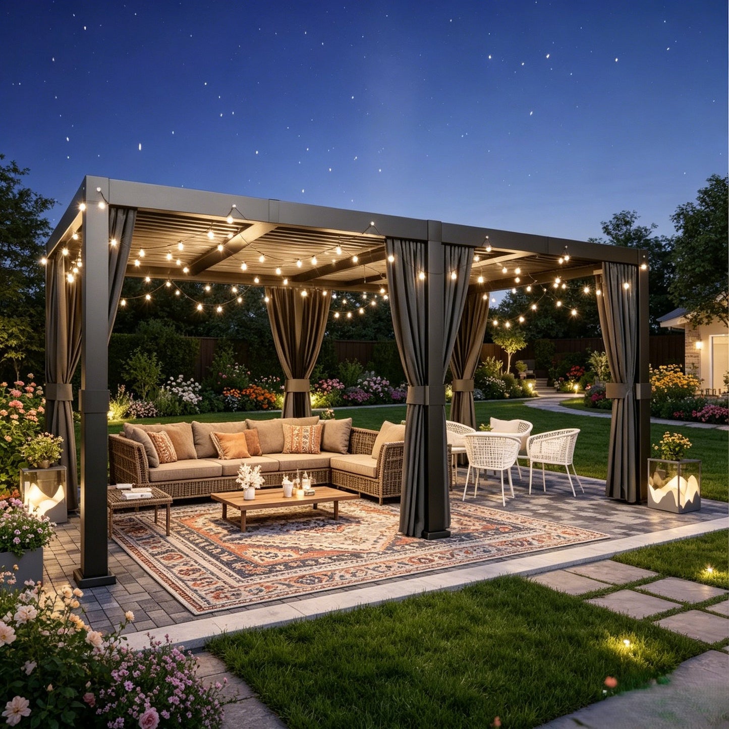 Sunmthink 12' x 20' Louvered Pergola, Outdoor Aluminum Pergola with Curtains & Netting for Decks, Gardens and Backyards, Gray