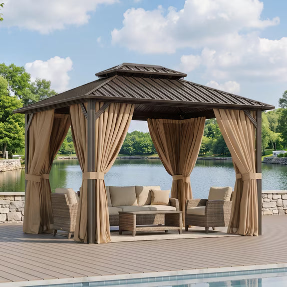 Dateyes 12x10 FT Outdoor Hardtop Gazebo, Aluminum Frame Gazebo with Removable Mesh Walls and Curtains for Patio, Lawns, Brown