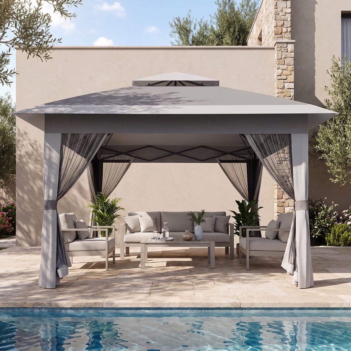 Dateyes 12x12 FT Pop Up Gazebo, Outdoor Gazebo Canopy with Mosquito Netting, 3 Adjustable Heights, Portable Patio Gazebo Tent for Backyard, Patio, Gray