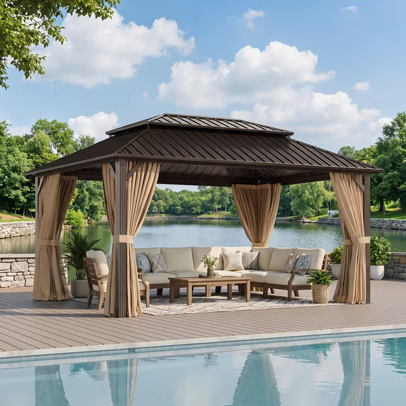 Dateyes 12x16 FT Outdoor Hardtop Gazebo, Aluminum Frame Gazebo with Removable Mesh Walls and Curtains for Patio, Lawns, Brown