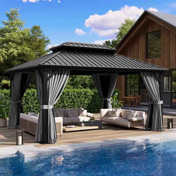 Dateyes 12x16 FT Outdoor Hardtop Gazebo, Aluminum Frame Gazebo with Removable Mesh Walls and Curtains for Patio, Lawns, Gray