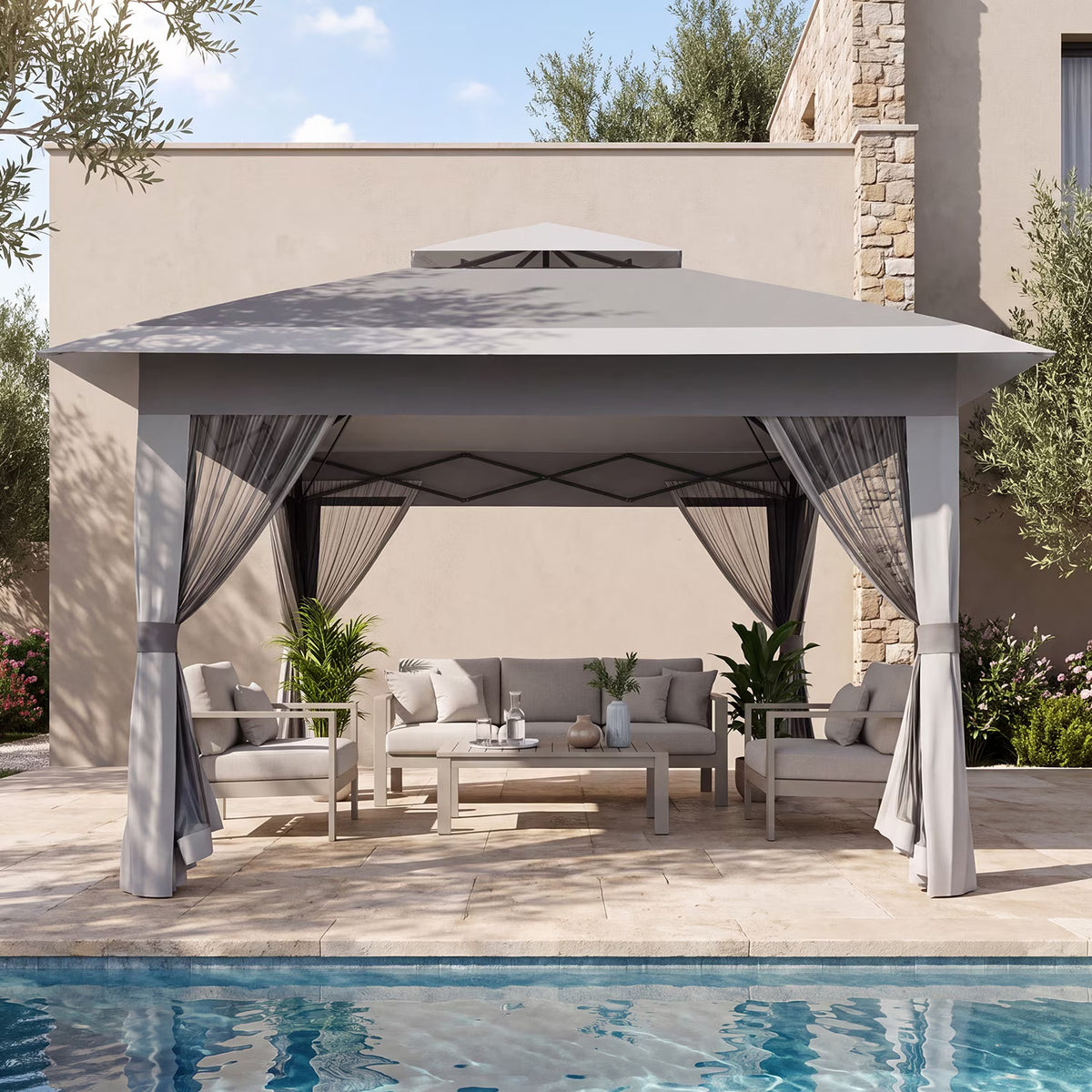 Dateyes 13x13 FT Pop Up Gazebo, Outdoor Gazebo Canopy with Mosquito Netting, 3 Adjustable Heights, Portable Patio Gazebo Tent for Backyard, Patio, Gray
