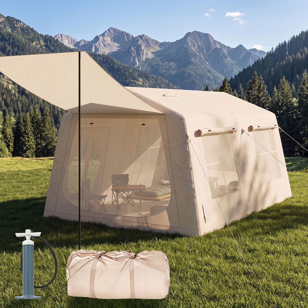 Dateyes 13x9 FT Inflatable Camping Tent for 8-10 Person, All-Season Blow Up Tent with Stove Jack, Easy Setup Portable Air Tent for Family Glamping, Beige