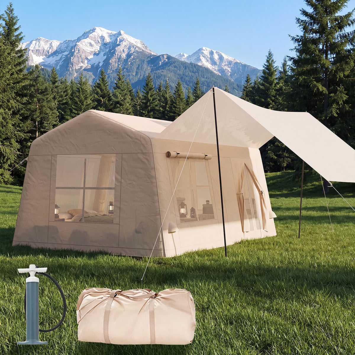 Dateyes 13x9 FT Inflatable Camping Tent for 8-10 Person, All-Season Blow Up Tent with Stove Jack and Extended Canopy, Easy Setup Portable Air Tent for Family Glamping, Beige