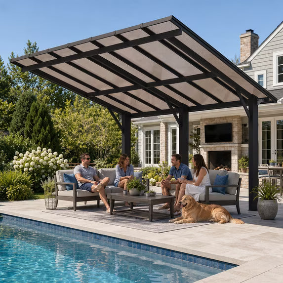 Dateyes 14'x10' Freestanding Hardtop Gazebo Pergola Heavy Duty Patio Carport with Multi Wall Polycarbonate Roof, Wall Mounted Awning for Decks, Weatherproof & Low Maintenance