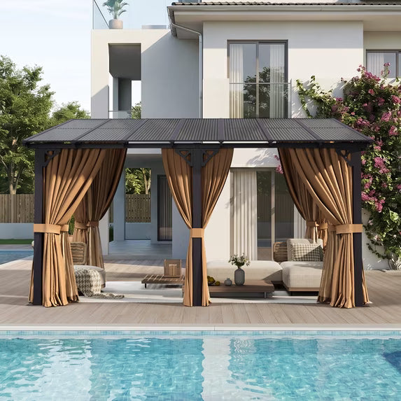 Dateyes 14‘x10’ Wall-Mounted Patio Gazebo with Durable Polycarbonate Roof, Full Bug Screens & Privacy Panels