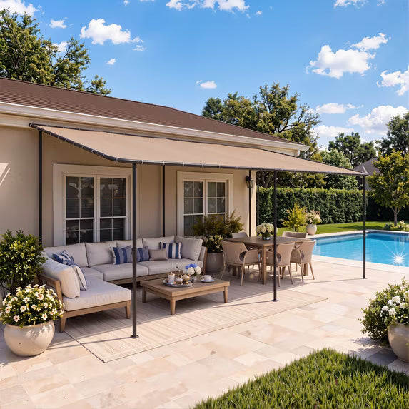 Dateyes 16'x12' Wall-Mounted Metal Gazebo , Water-Resistant Khaki Canopy with UV Protection for Patio & Garden