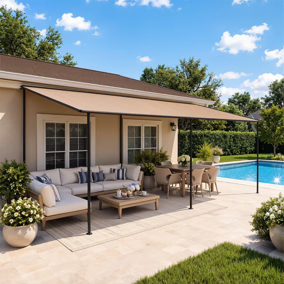 Dateyes 20'x12' Wall-Mounted Metal Gazebo , Water-Resistant Khaki Canopy with UV Protection for Patio & Garden