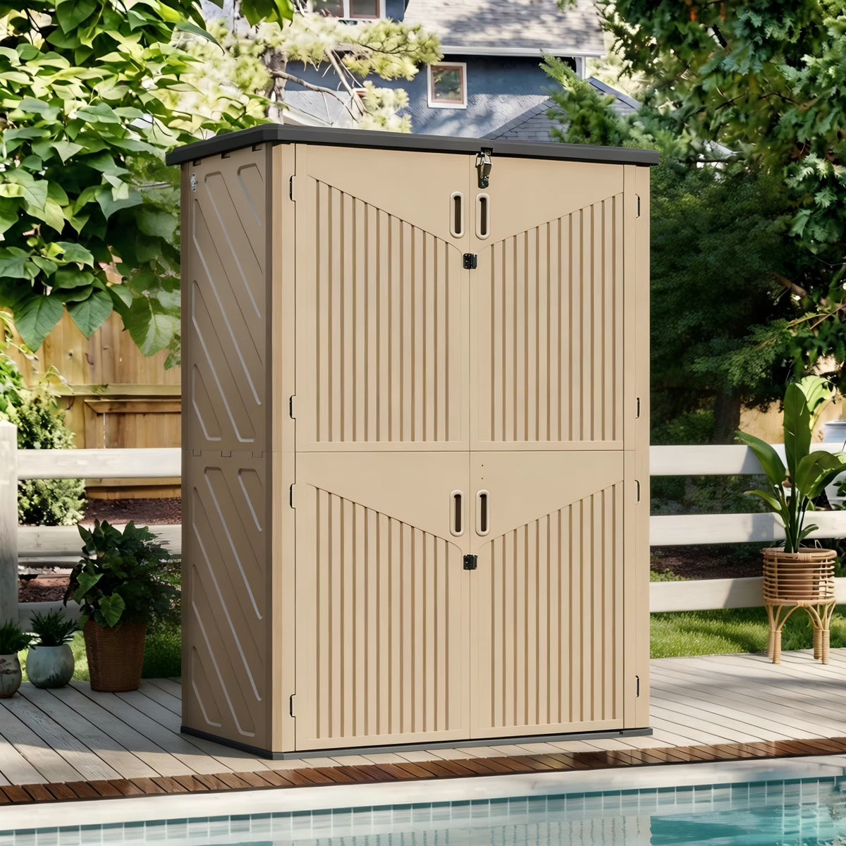 Dateyes 4.5X2.5 FT Resin Outdoor Storage Shed, 64 Cu.ft Waterproof Plastic Storage Sheds with Floor, Weather-Resistant Vertical Outdoor Storage Cabinet with Lockable Doors, Brown
