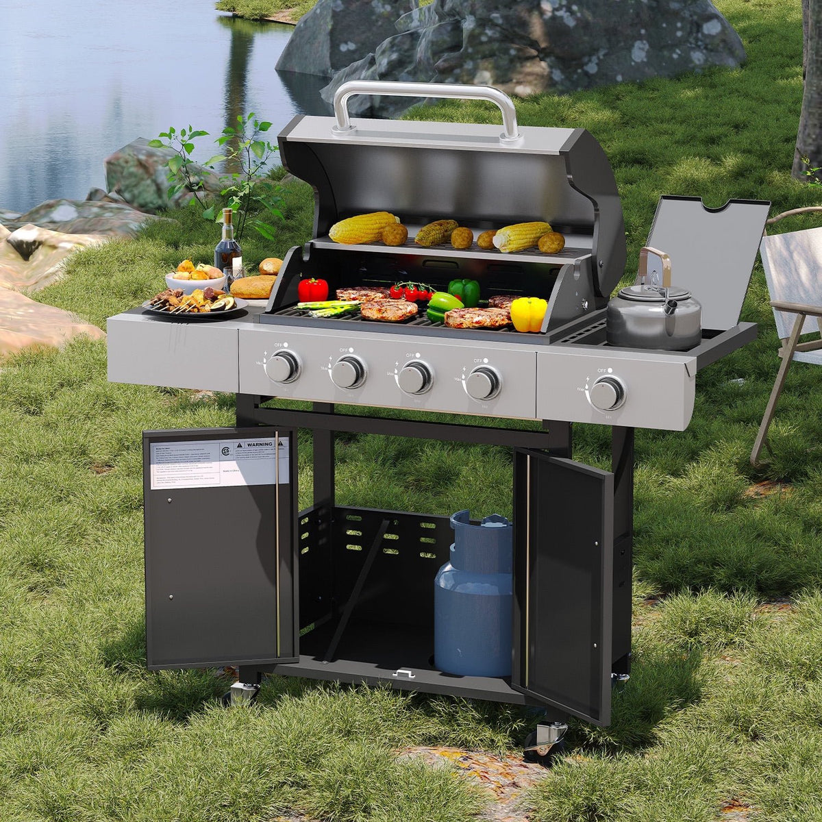 Dateyes 4 Burner Gas Propane Grill, with 4 Casters, Side Table, and Thermometer, Patio Garden BBQ Grill Perfect for Camping