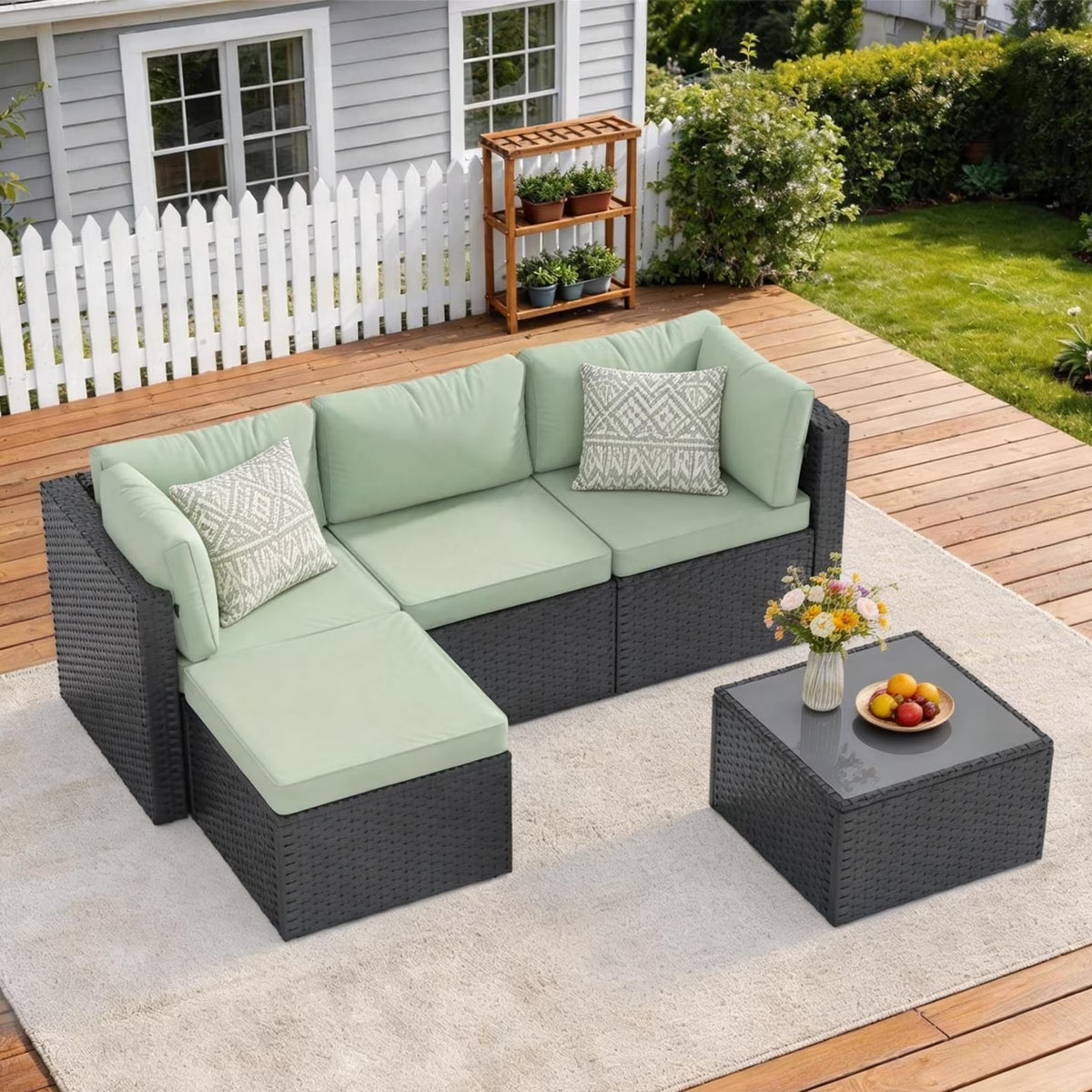 Dateyes 5 Pieces Patio Furniture Set, All-Weather Wicker Rattan Patio Sectional Sofa Set with Coffee Table and Waterproof Cover(Light Green)