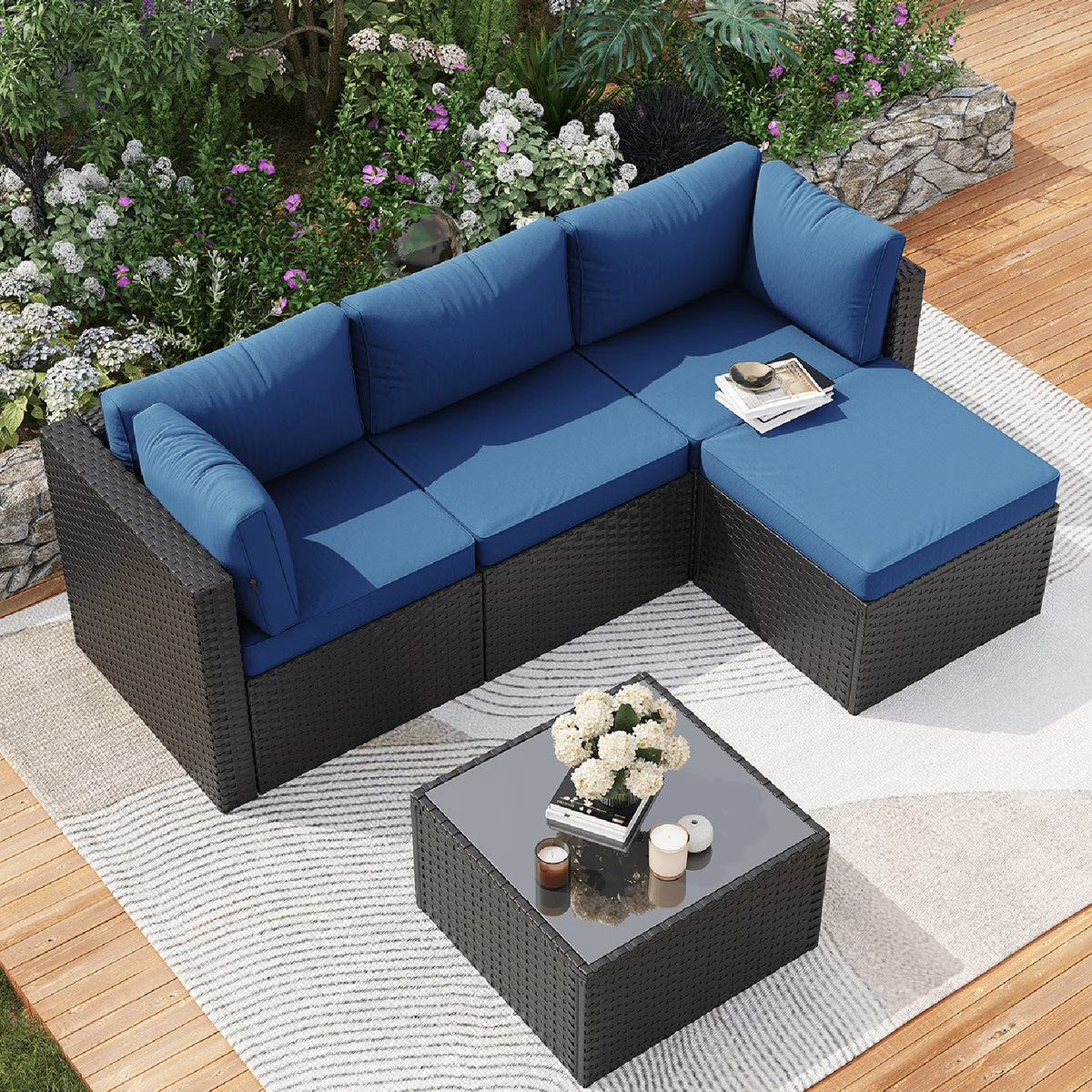 Dateyes 5 Pieces Patio Furniture Set, All-Weather Wicker Rattan Patio Sectional Sofa Set with Coffee Table and Waterproof Cover(Navy Blue)