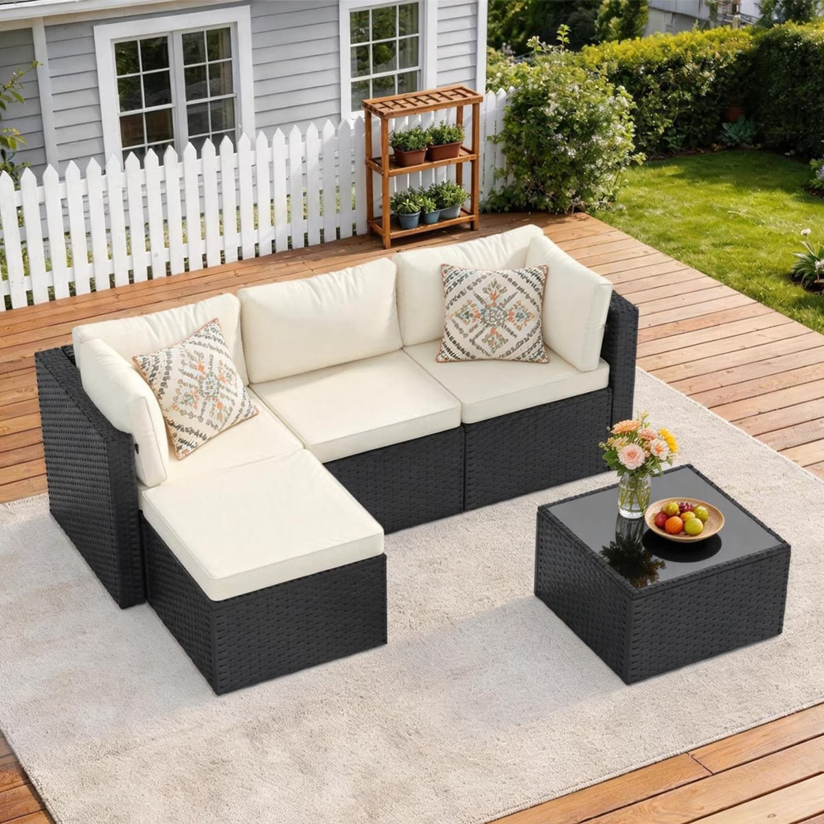 Dateyes 5 Pieces Patio Furniture Set, All-Weather Wicker Rattan Patio Sectional Sofa Set with Coffee Table and Waterproof Cover(Off-White)