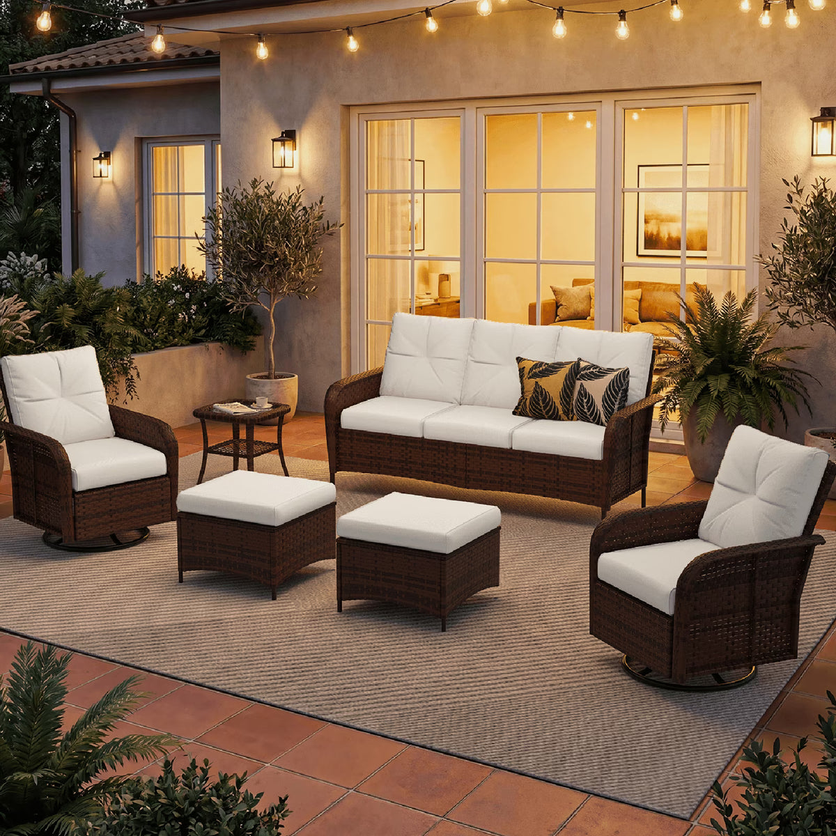 Dateyes 6-Piece Patio Furniture Set, High Back Swivel Rocker Chairs with Thick Cushions, Wicker Rattan Outdoor Sectional Sofa with Ottoman, Beige