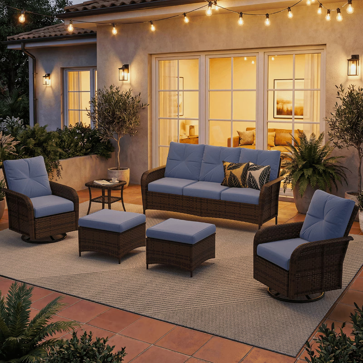 Dateyes 6-Piece Patio Furniture Set, High Back Swivel Rocker Chairs with Thick Cushions, Wicker Rattan Outdoor Sectional Sofa with Ottoman, Blue