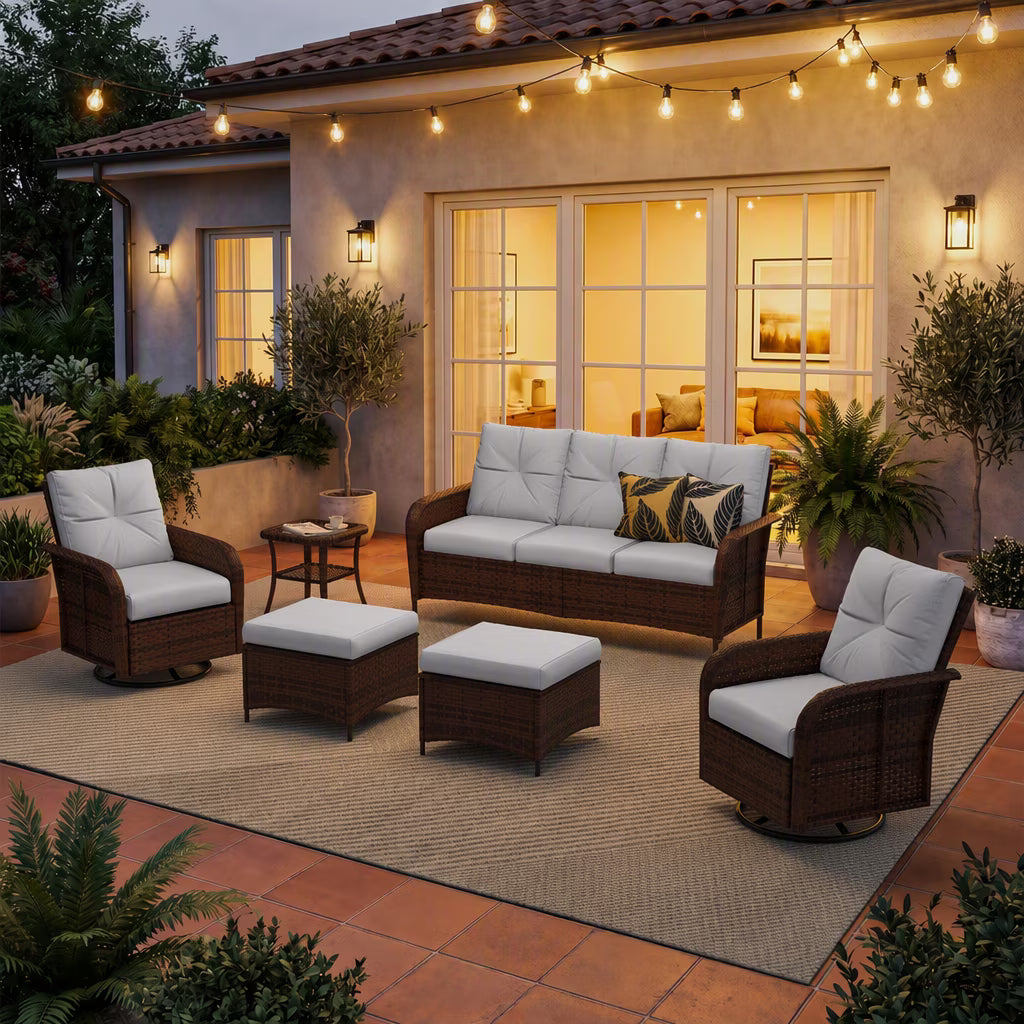 Dateyes 6-Piece Patio Furniture Set, High Back Swivel Rocker Chairs with Thick Cushions, Wicker Rattan Outdoor Sectional Sofa with Ottoman, Gray