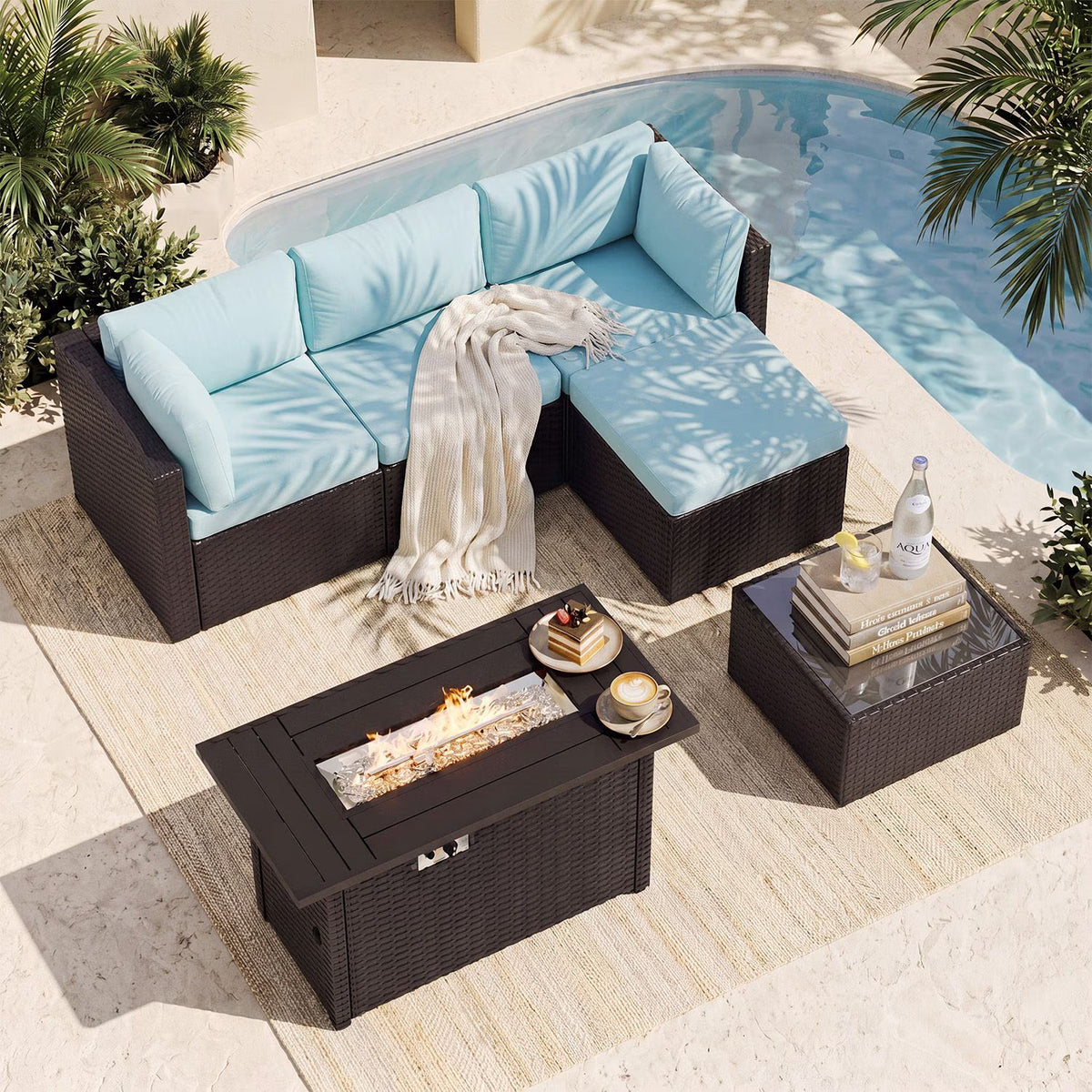 Dateyes 6 Pieces Patio Furniture Set with Fire Pit, All-Weather Wicker Rattan Patio Sectional Sofa Set with Fire Pit Table and Waterproof Cover(Light Blue)