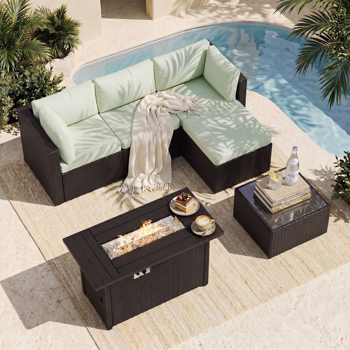 Dateyes 6 Pieces Patio Furniture Set with Fire Pit, All-Weather Wicker Rattan Patio Sectional Sofa Set with Fire Pit Table and Waterproof Cover(Light Green)