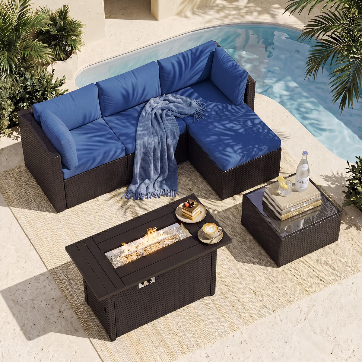 Dateyes 6 Pieces Patio Furniture Set with Fire Pit, All-Weather Wicker Rattan Patio Sectional Sofa Set with Coffee Table and Waterproof Cover(Navy Blue)
