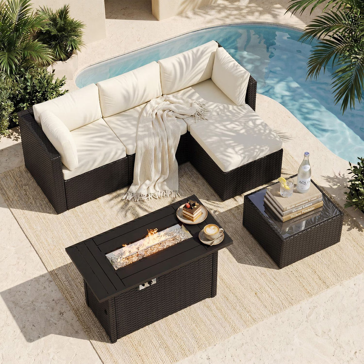 Dateyes 6 Pieces Patio Furniture Set with Fire Pit, All-Weather Wicker Rattan Patio Sectional Sofa Set with Coffee Table and Waterproof Cover(Off-White)
