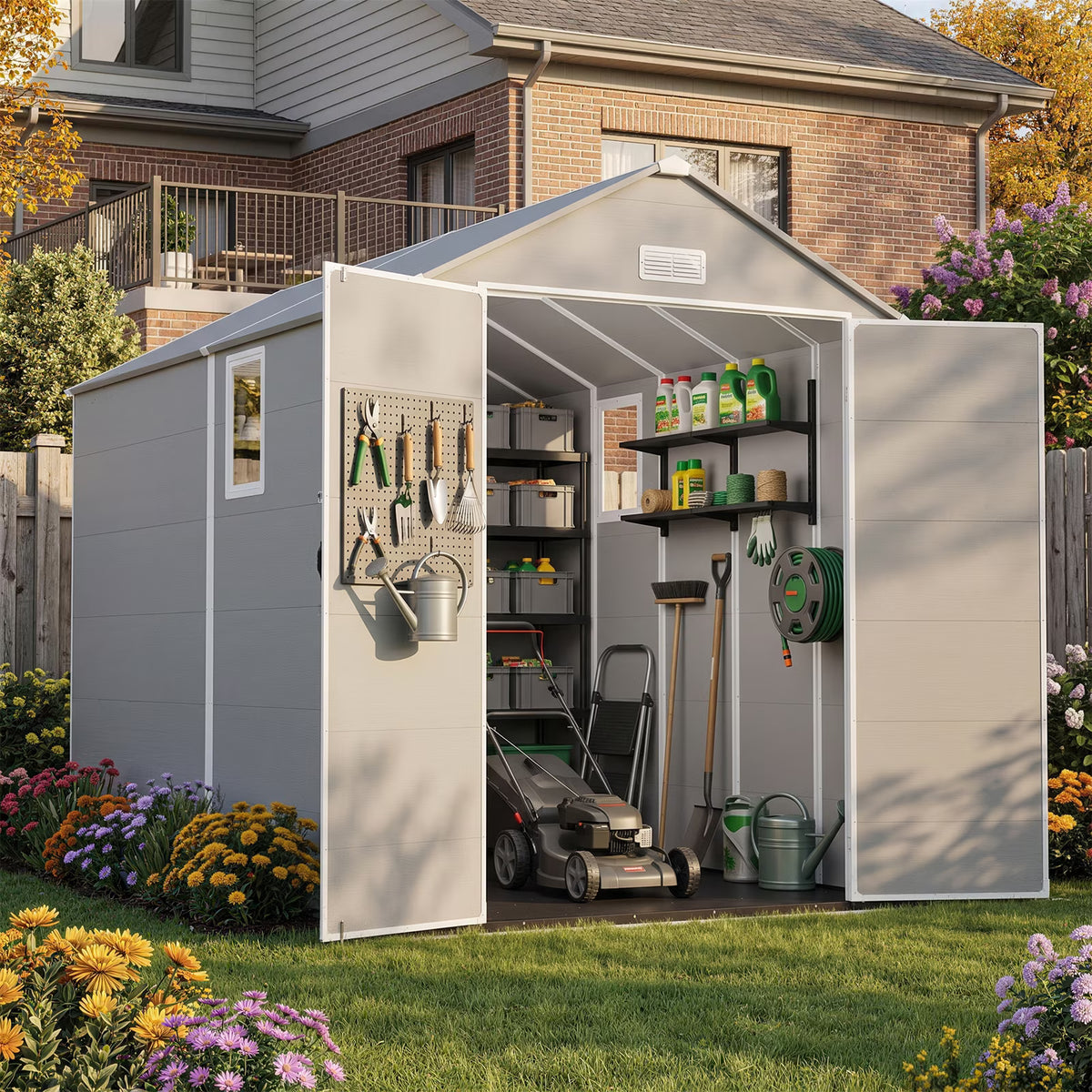 Dateyes 6 x 10 FT Resin Outdoor Storage Shed, Outdoor Sheds with Floor & Window, All-Weather Heavy Duty Plastic Shed for Backyard, Garden, Patio, Light Gray