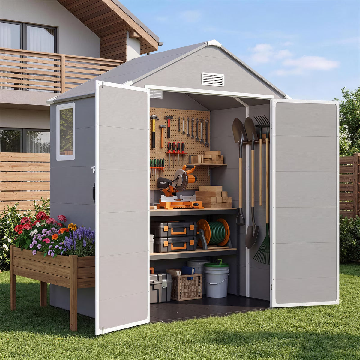 Dateyes 6 x 4 FT Resin Outdoor Storage Shed, Outdoor Sheds with Floor & Window, All-Weather Heavy Duty Plastic Shed for Backyard, Garden, Patio, Light Gray