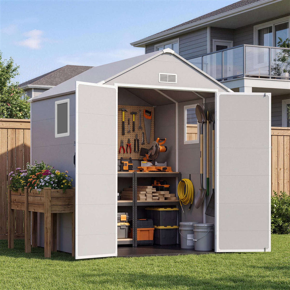 Dateyes 6 x 6 FT Resin Outdoor Storage Shed, Outdoor Sheds with Floor & Window, All-Weather Heavy Duty Plastic Shed for Backyard, Garden, Patio, Light Gray