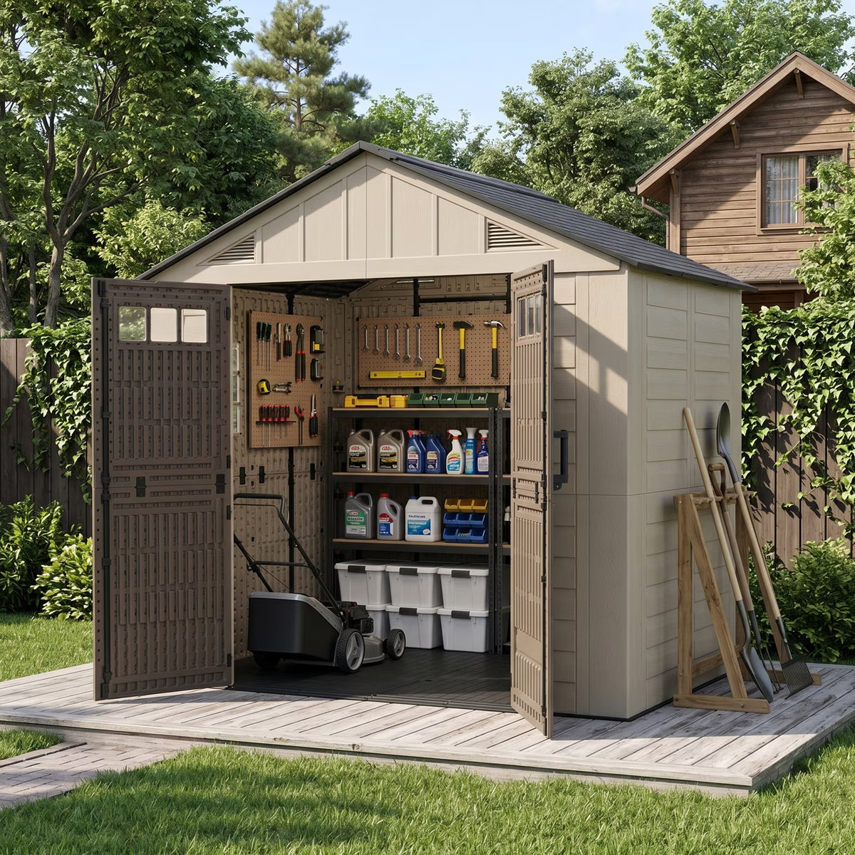 Dateyes 6'x8' Heavy Duty Resin Outdoor Storage Shed with Floor, All-Weather Resin Tool Shed with Window & Lockable Double Doors, Easy Assembly for Garden, Patio, Backyard