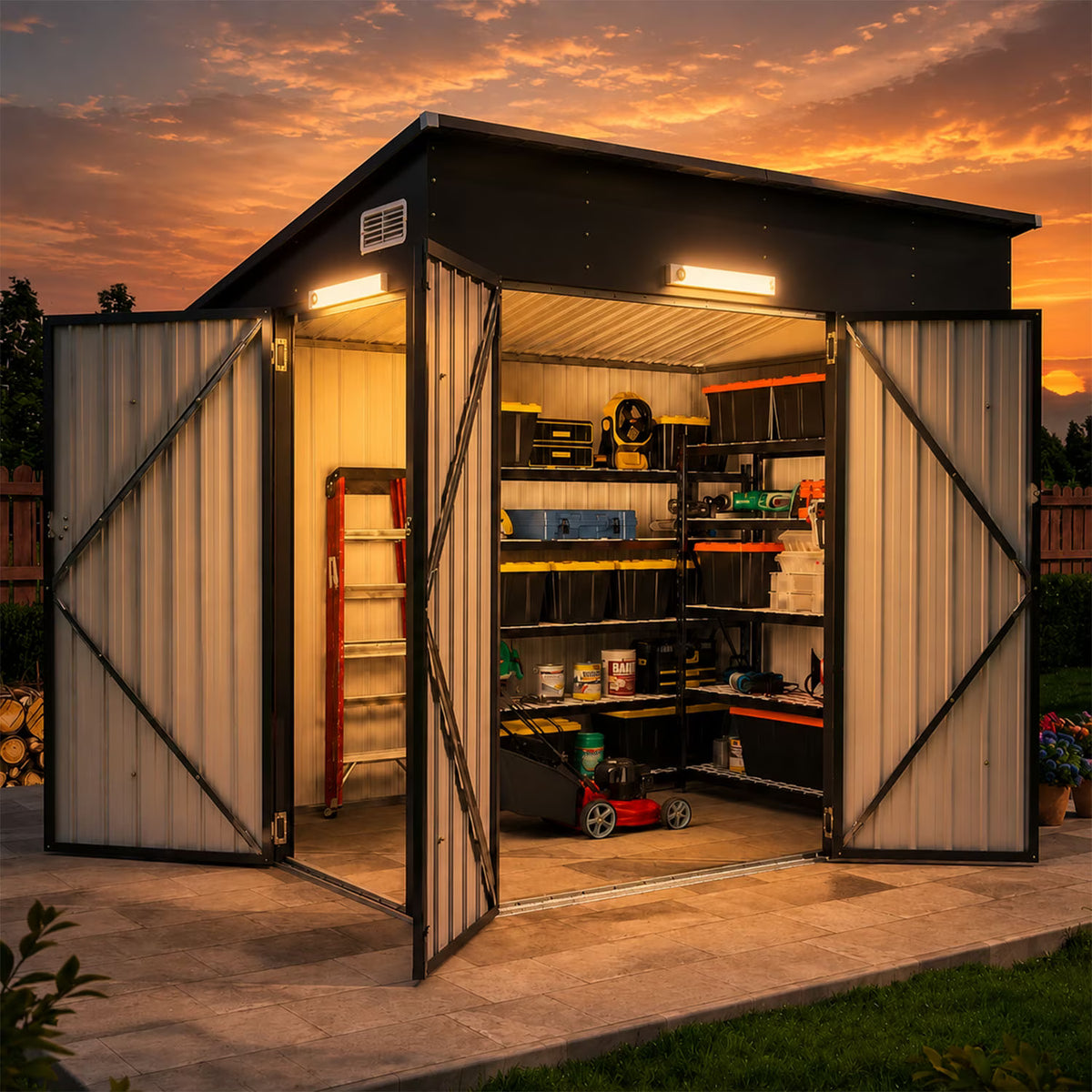 Dateyes 7.5' x 3.8' Metal Storage Shed with Triple Doors & Lights, Lockable Lean-to Design & Vents, Black (with Magnetic Lights)