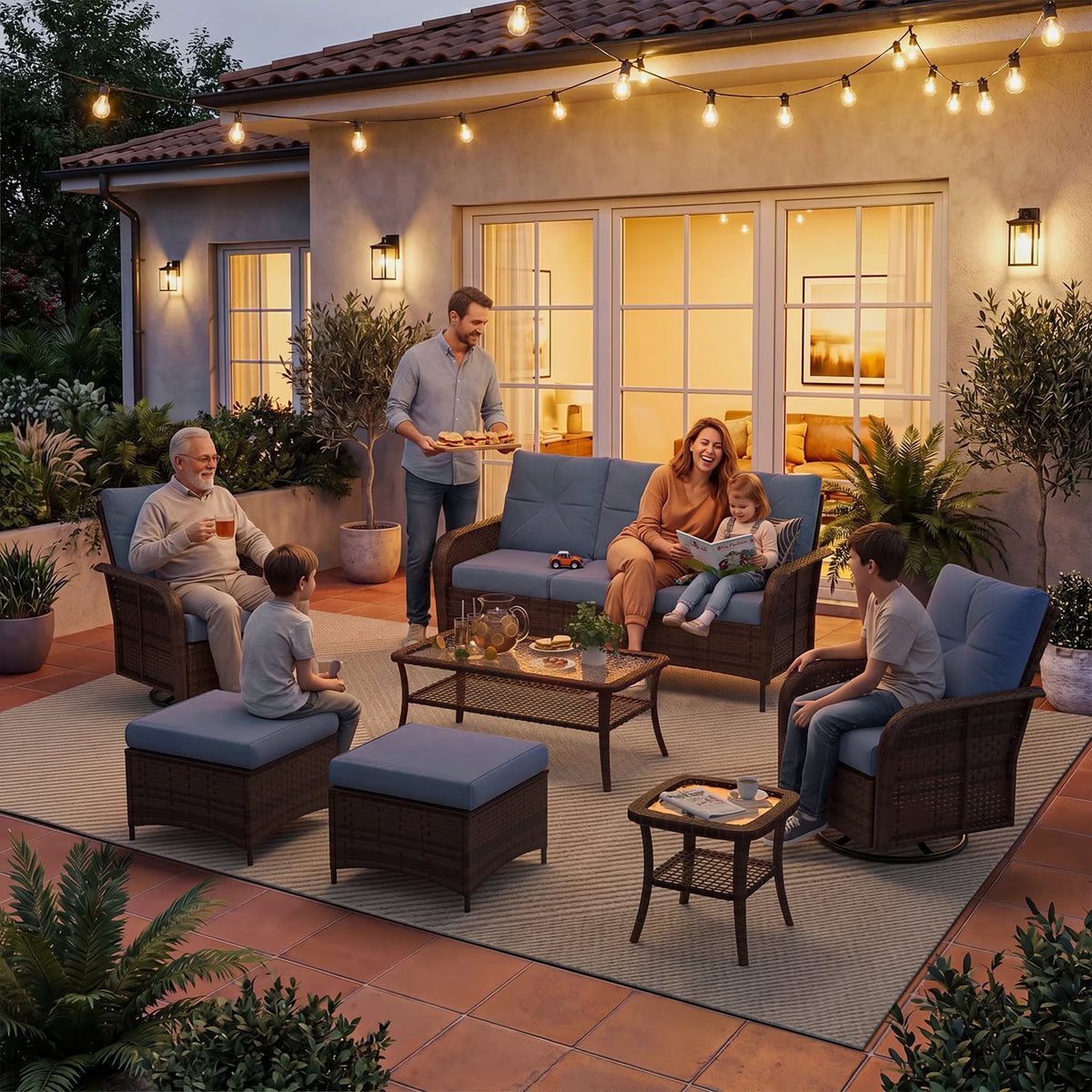 Dateyes 7-Piece Patio Furniture Set, High Back Swivel Rocker Chairs with Thick Cushions, Wicker Rattan Outdoor Sectional Sofa with Coffee Table, Blue