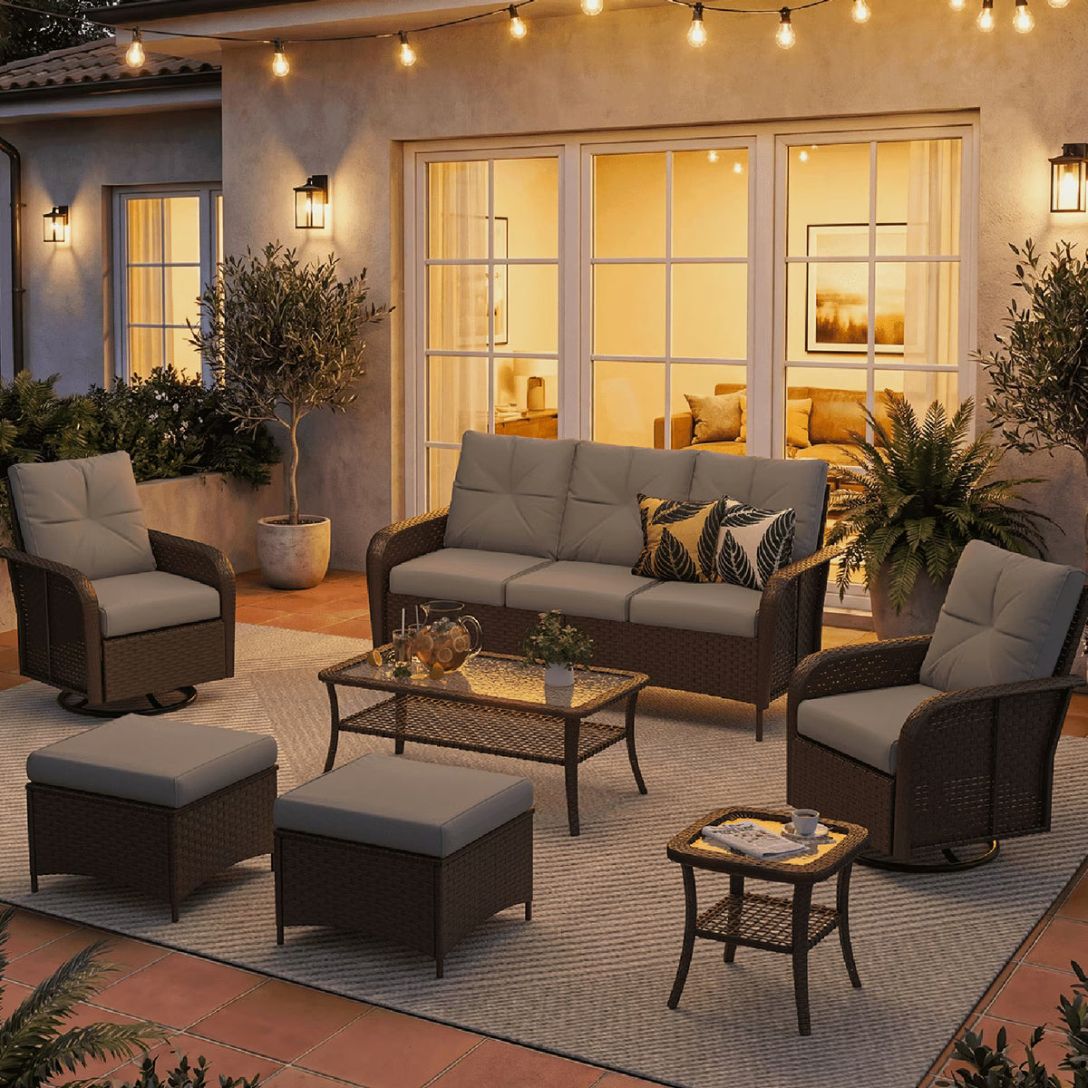Dateyes 7-Piece Patio Furniture Set, High Back Swivel Rocker Chairs with Thick Cushions, Wicker Rattan Outdoor Sectional Sofa with Coffee Table, Gray