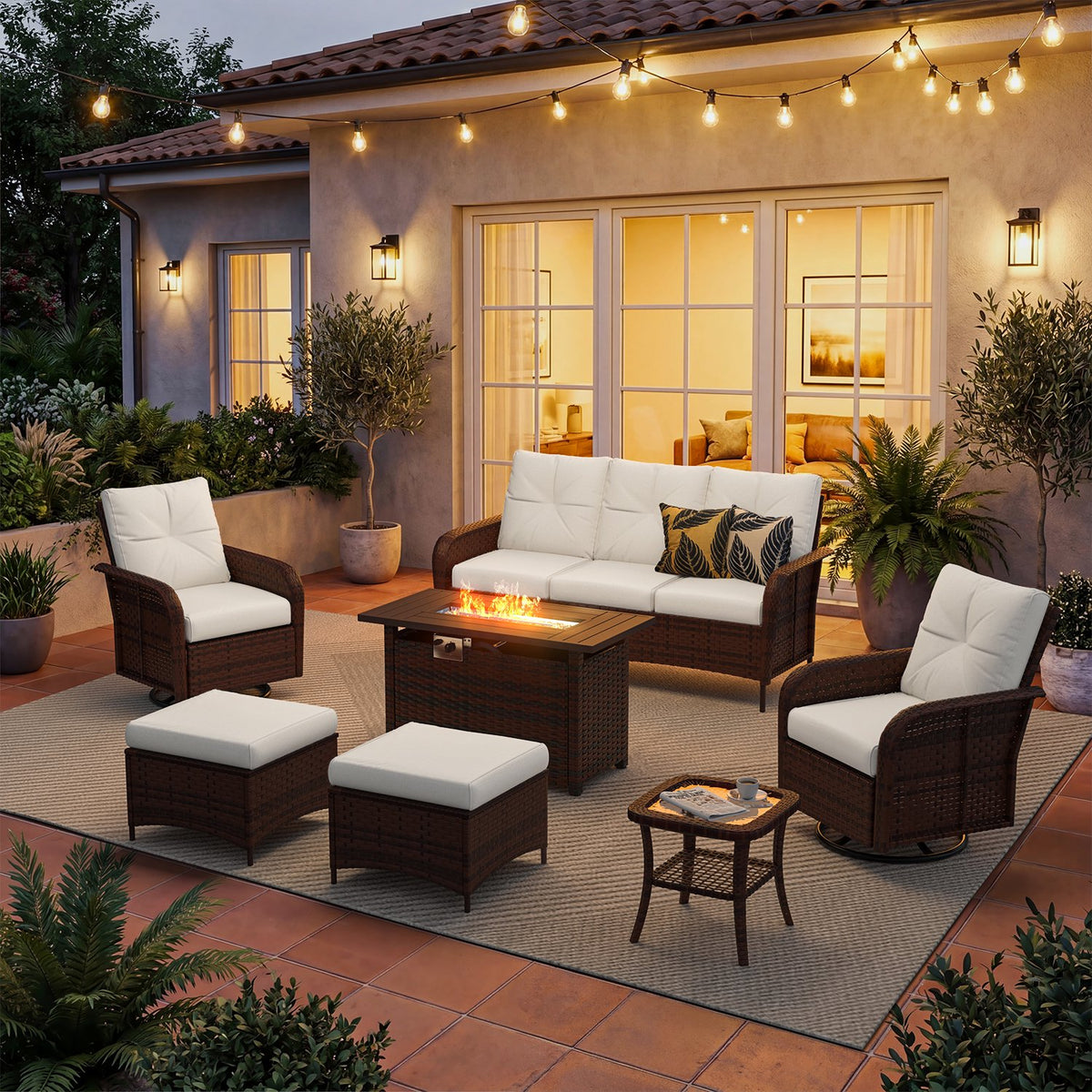 Dateyes 7-Piece Patio Furniture Set, High Back Swivel Rocker Chairs with Thick Cushions, Wicker Rattan Outdoor Sectional Sofa with Fire Pit Beige